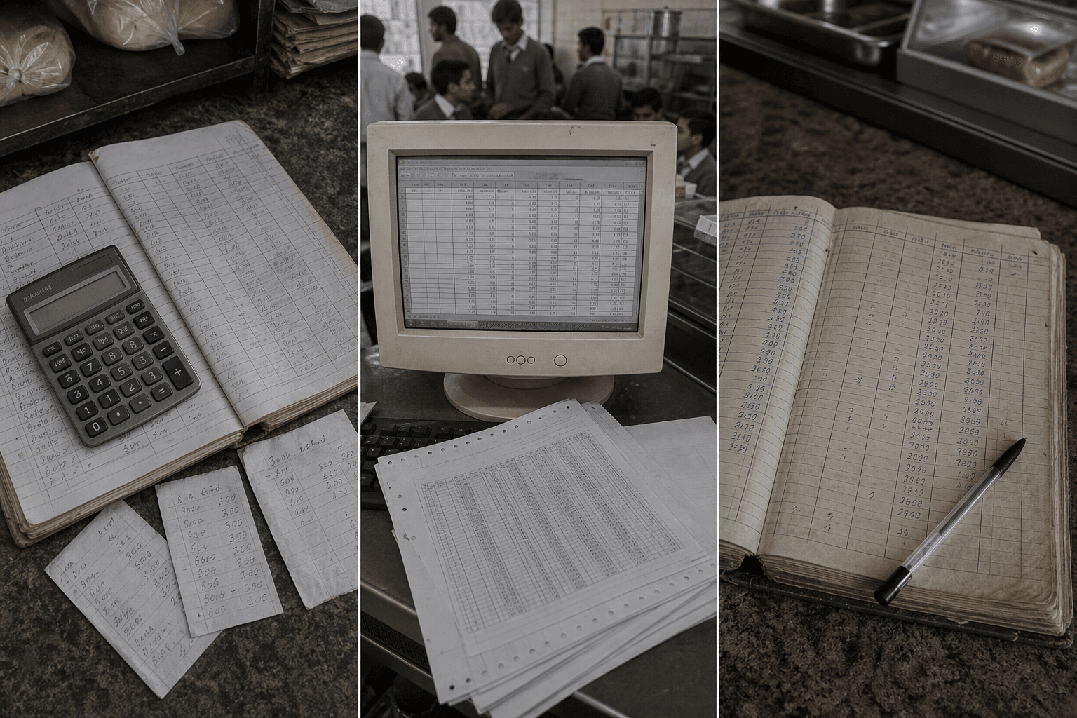 Manual counter tools: handwritten sales register with a calculator, a spreadsheet on an old monitor, loose receipts and a wallet balance ledger