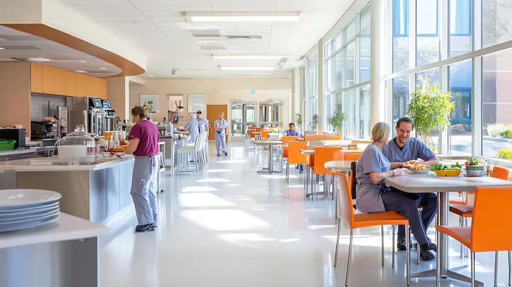Clean institutional hospital canteen serving counter