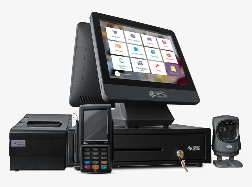 Cashier using POS terminal at a billing counter